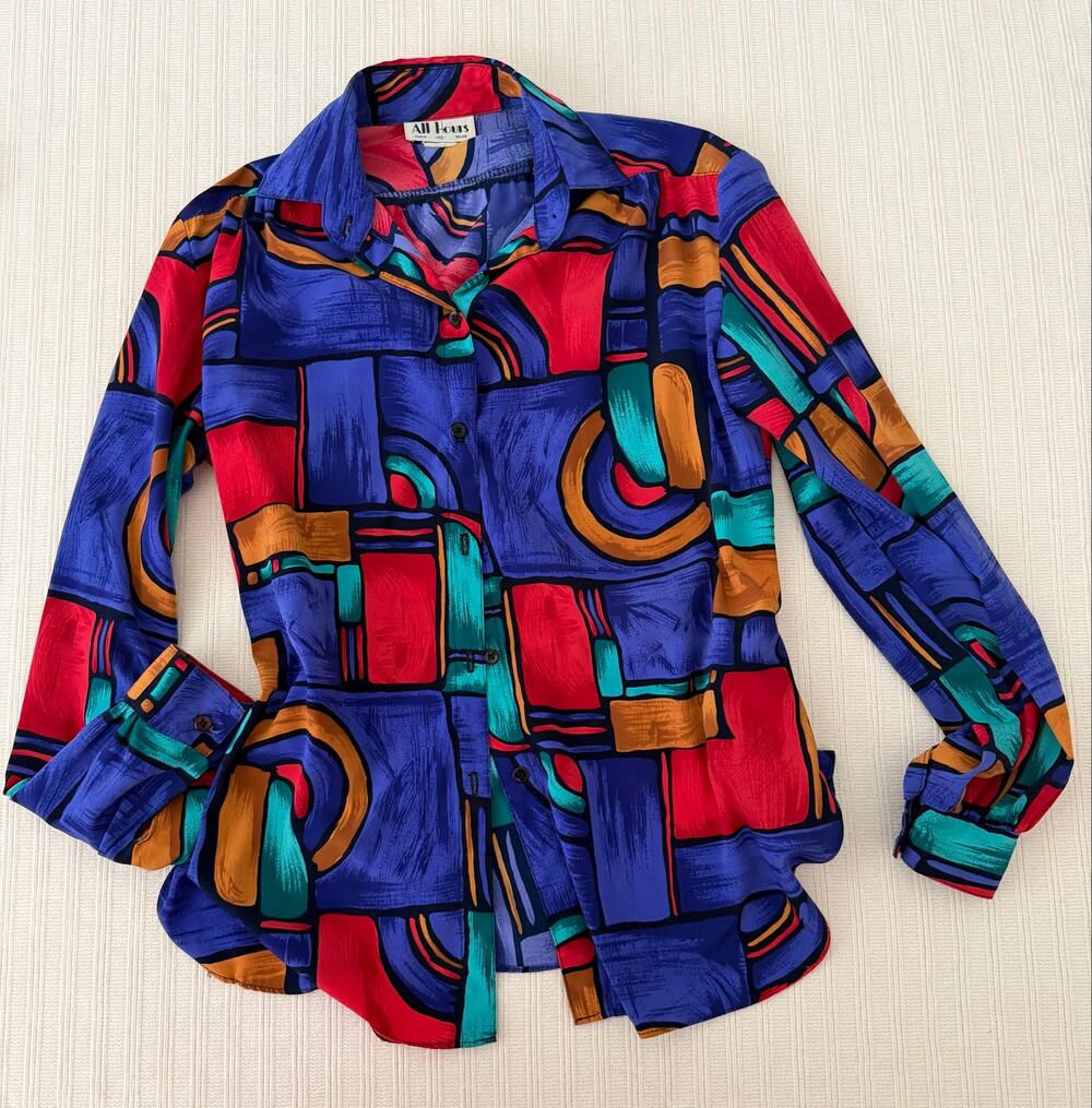 Vintage All Hours Abstract Geometric Button Down Shirt Women's XS Made in USA